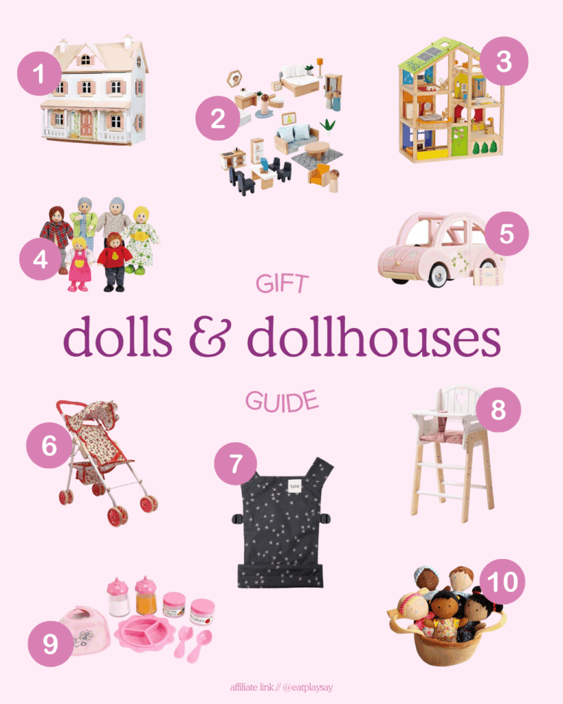 round-up graphic of the best doll and dollhouse toys for toddlers 