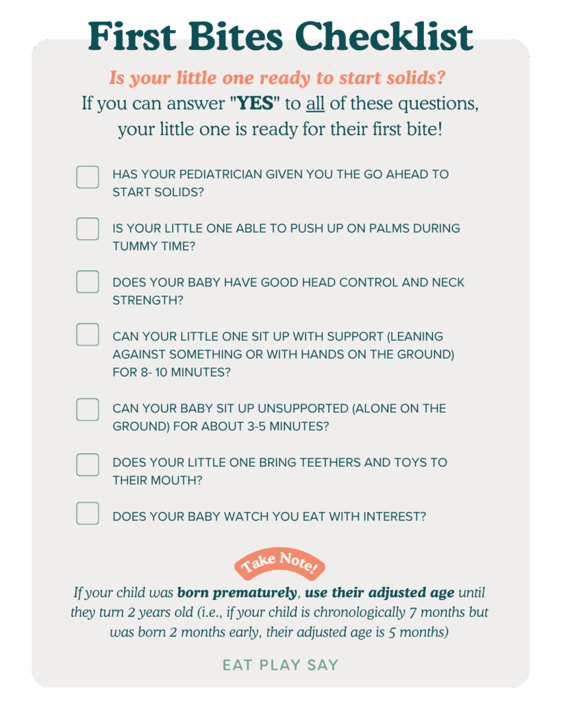 First bites checklist to help parents know when their baby is ready for starting solids.