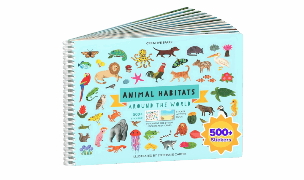 Animal Habitats sticker book for 3 year olds, featured in a travel toys post