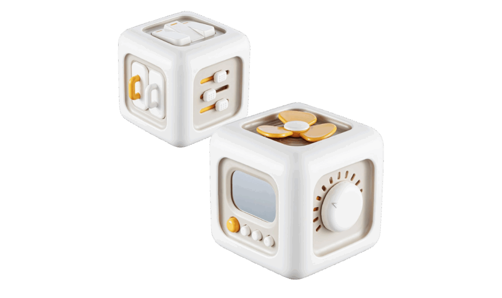 busy cube for 1-year-olds, part of a post about travel toys