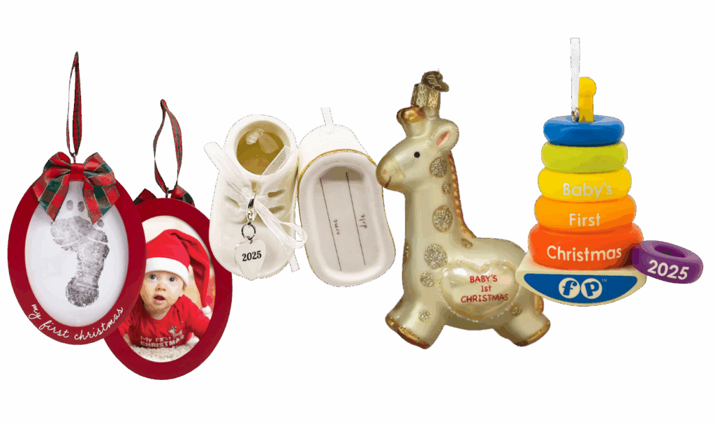 4 different baby's first christmas ornaments including ones with personlized details and other classic options