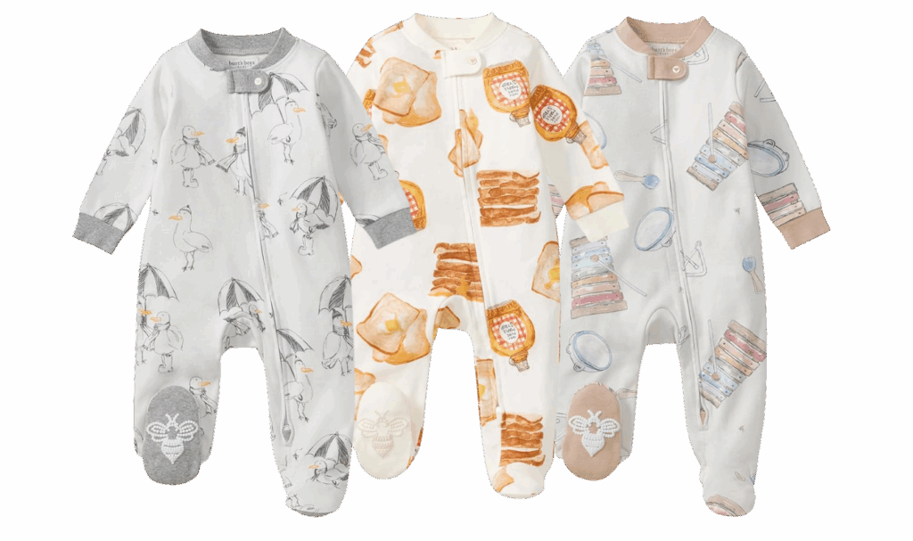 burt's bee's 100% organic cotton baby pajamas in 3 unisex patterns