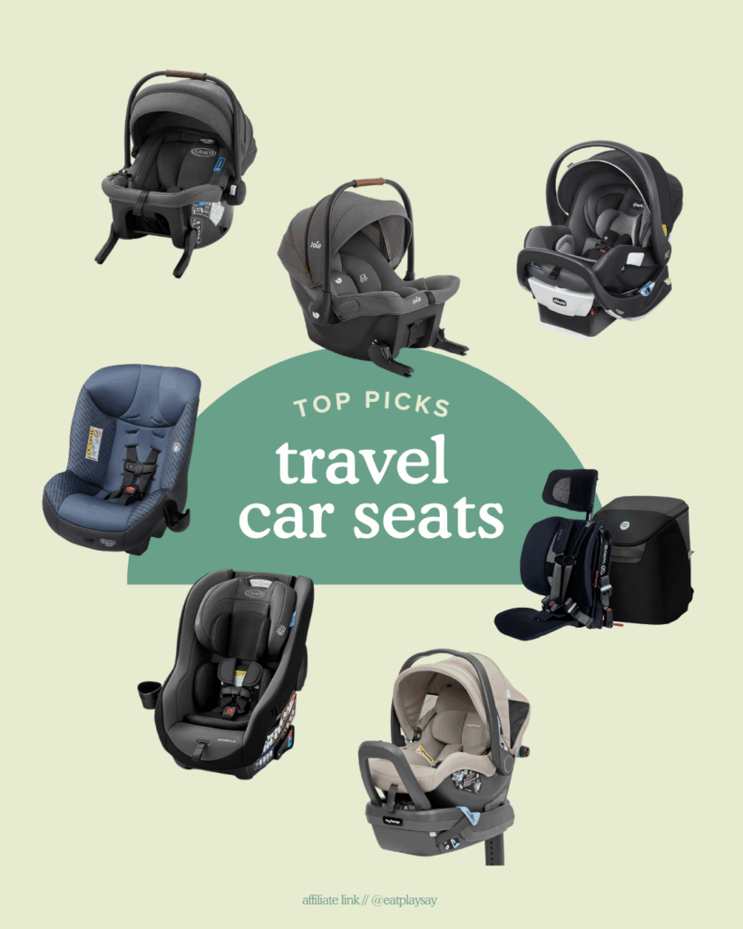 round-up image of 7 different travel car seats including infant seats, convertible car seats, and a forward facing option