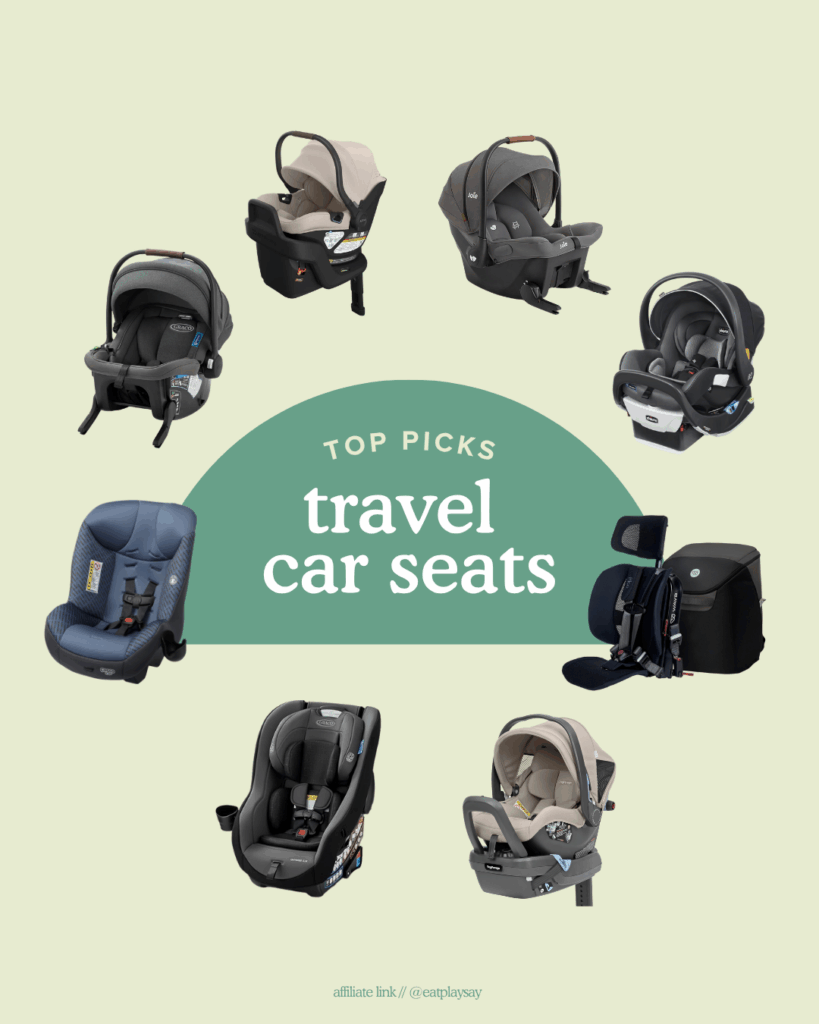 round-up image of 8 different travel car seats including infant seats, convertible car seats, and a forward facing option