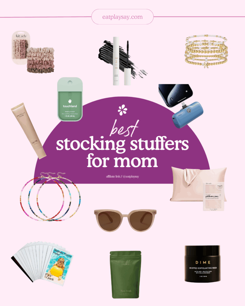 round-up graphic with images of stocking stuffers for moms including jewelry, skincare items, and practical gifts