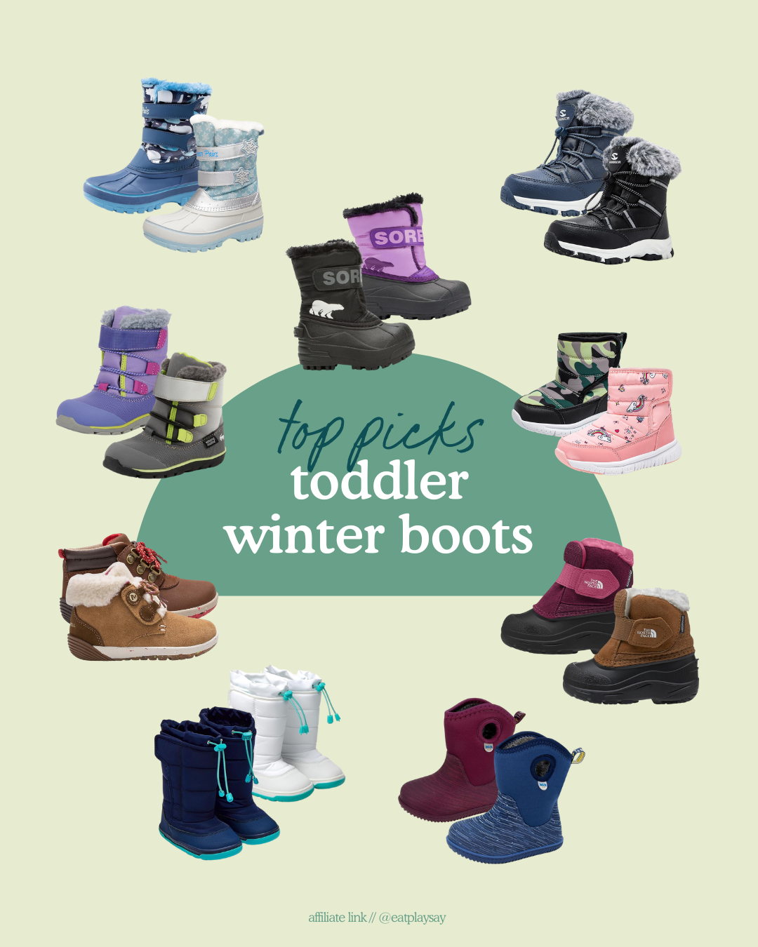 round-up graphic of the best winter boots for toddlers including mid-calf and ankle-height boots