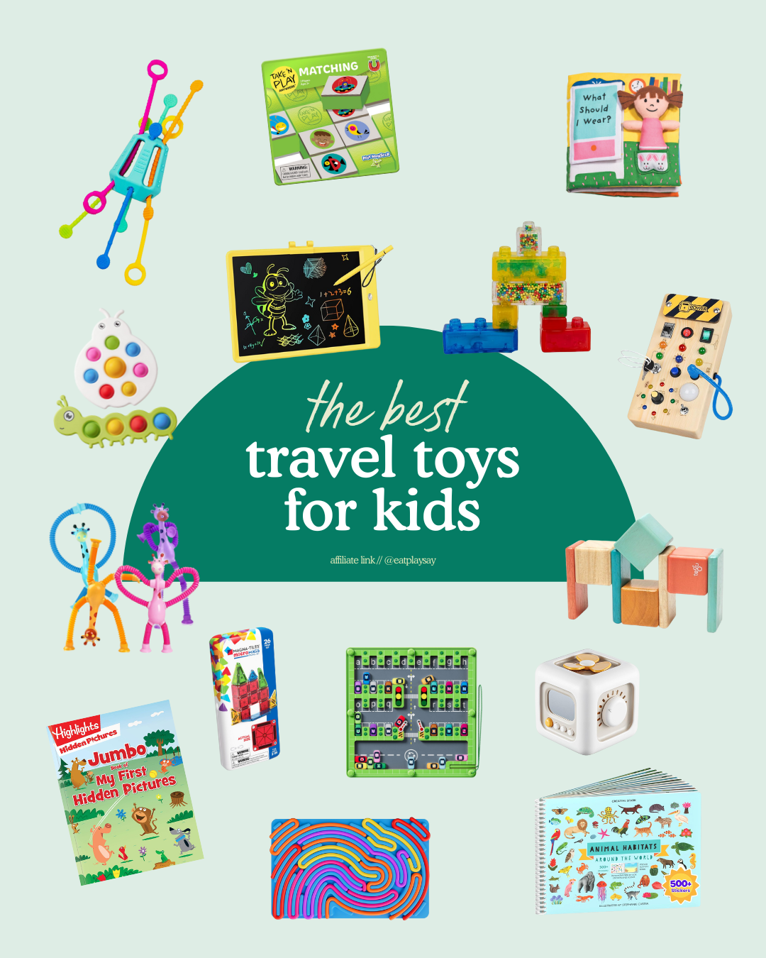 round-up graphic featuring the top 15 travel toys for kids age 1-4