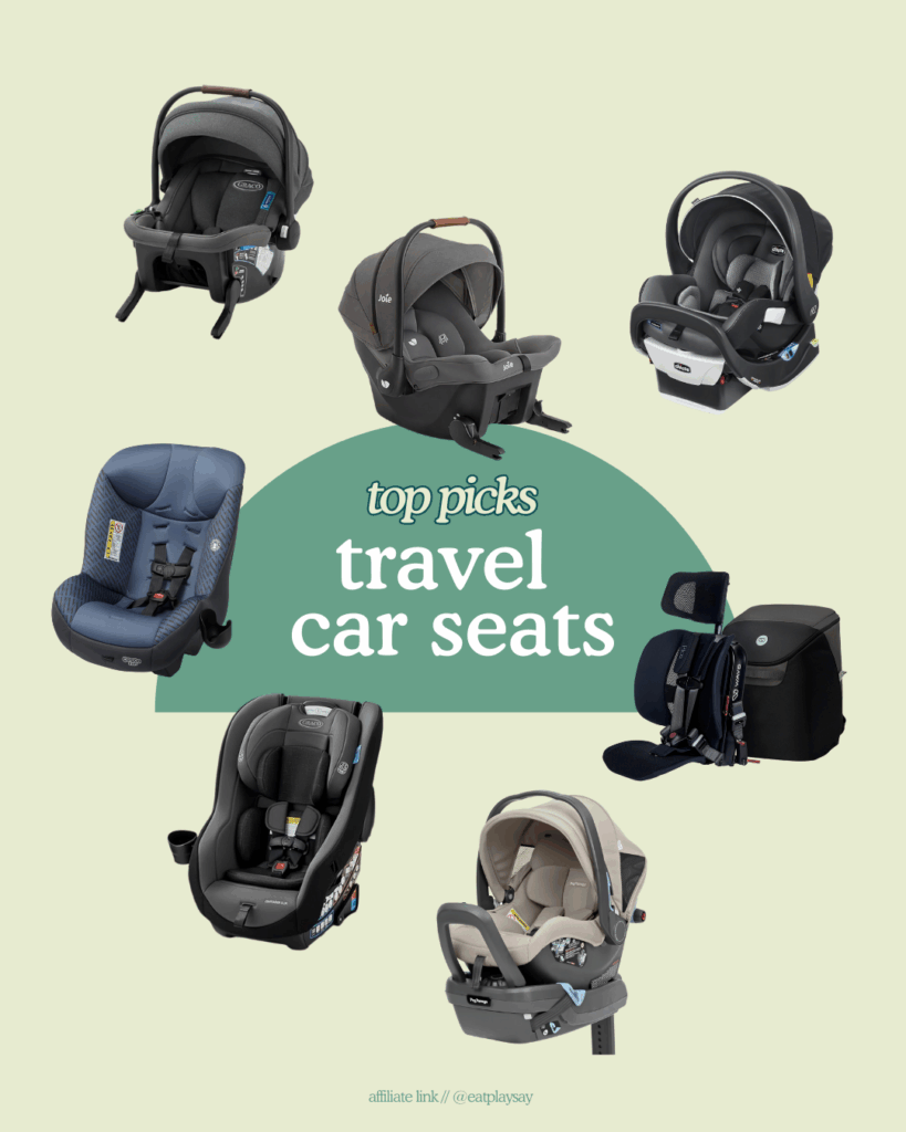 round-up image of 7 different travel car seats including infant seats, convertible car seats, and a forward facing option