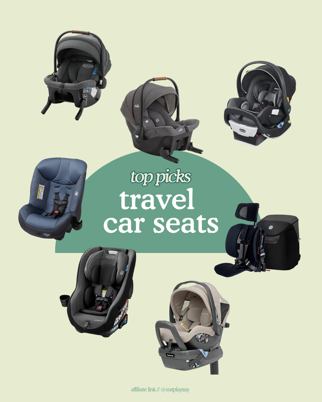 round-up image of 7 different travel car seats including infant seats, convertible car seats, and a forward facing option