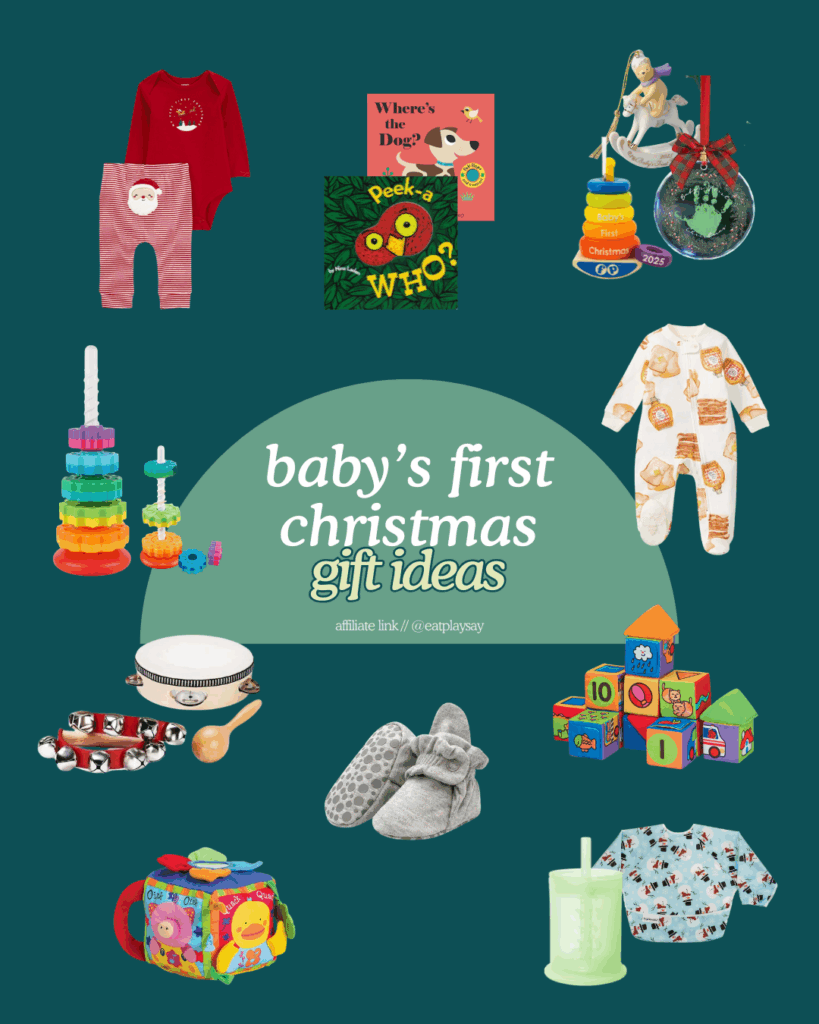 a round-up graphic of ideas for baby's first christmas gifts including ornaments, developmental toys, and practical gifts