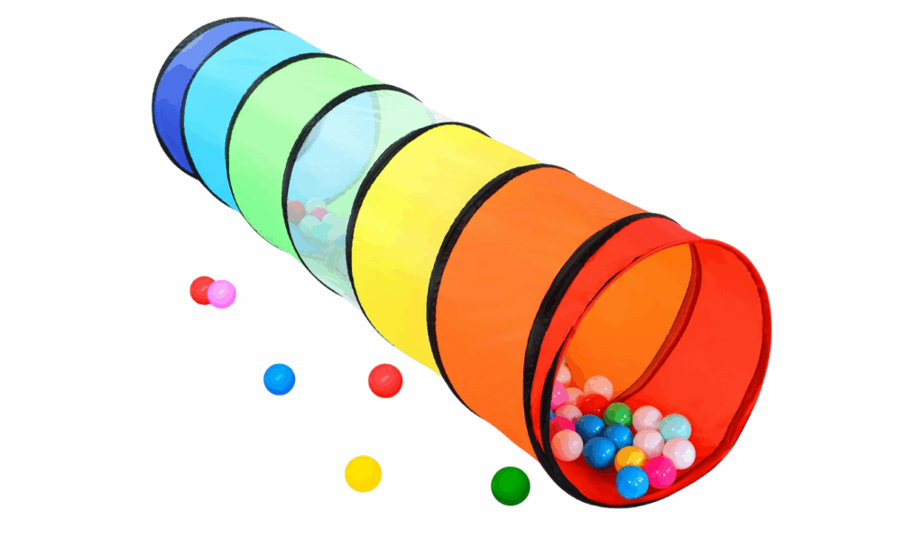 colorful collapsible kids play tunnel in a post about gross motor activities for toddlers