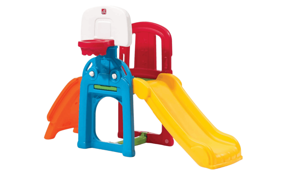 Step2 game time sports climber for toddlers with a slide and small basketball hoop