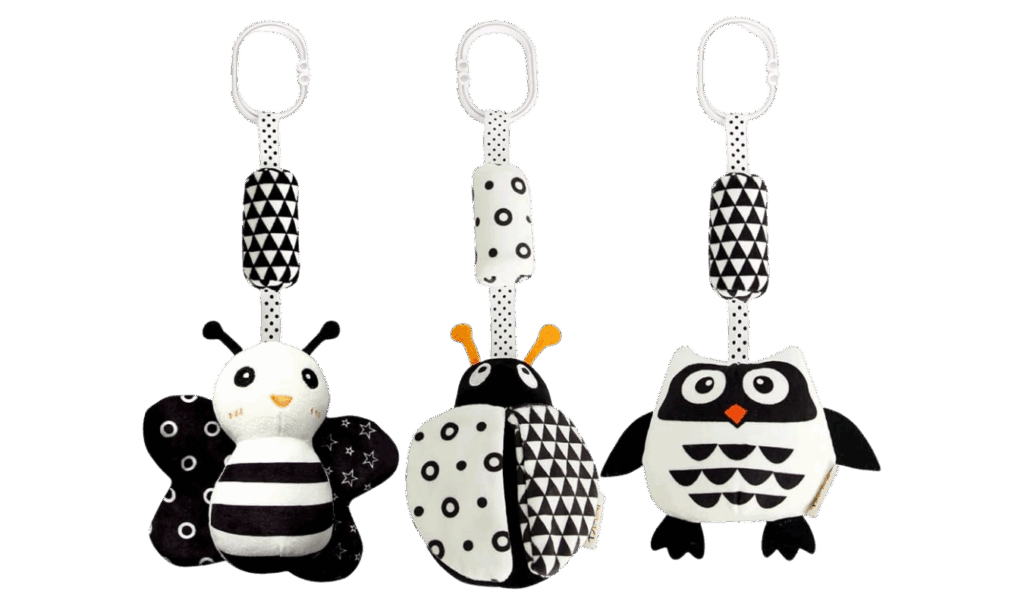 black and white hanging toys for baby play gyms in a pack of 3