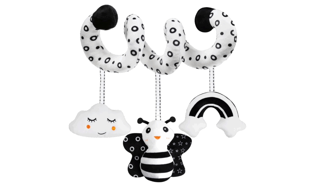 high contrast spiral hanging toy for stroller or car seat