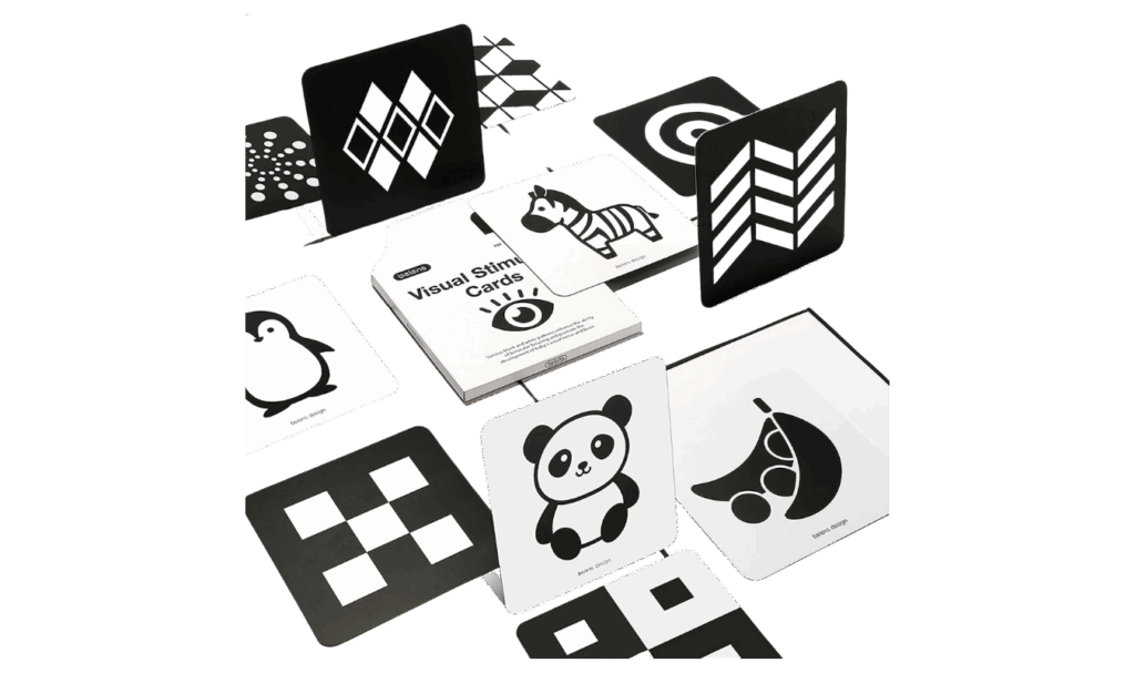 visual stimulation flash cards for babies with black and white, high-contrast pictures and patterns
