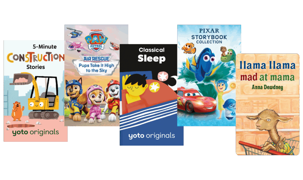 sampling of yoto player cards including: 5-minute construction stories, Paw Patrol, classical sleep, Pixar storybook collection, and Llama Llama audio book