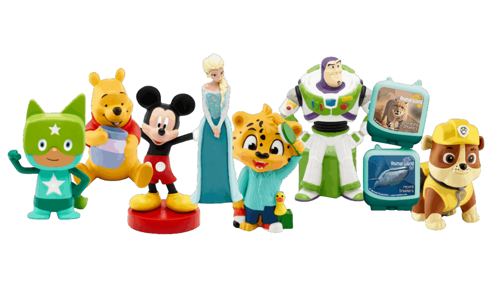 variety of Tonie figurines including creative tonies, clever tonies, Winnie the Pooh, Mickey, Princess Ana and Buzz Lightyear