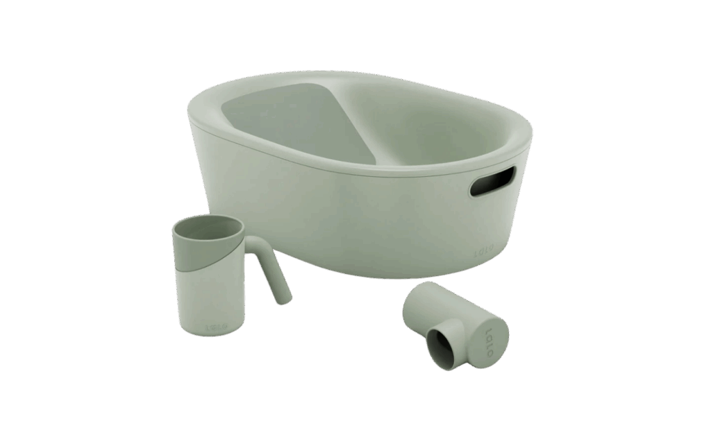 Lalo's Bathtime Starter Kit in sage green with baby bath tub, infant support, pouring cup and bath spout protector
