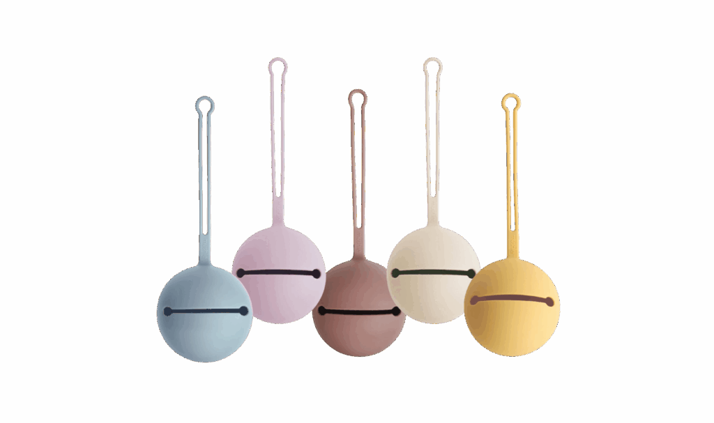 mushie silicone pacifier in blue, purple, mauve, tan and yellow