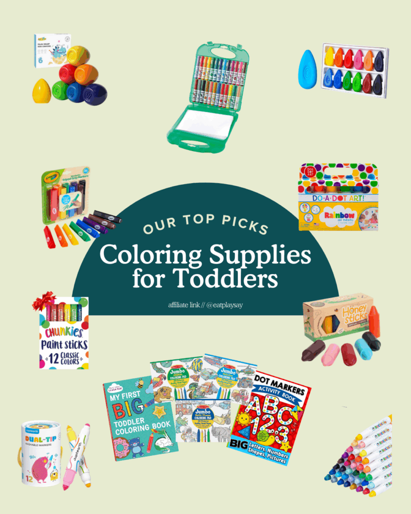 round-up graphic of the best coloring supplies for toddlers featuring toddler crayons, washable markers, paint, and coloring books