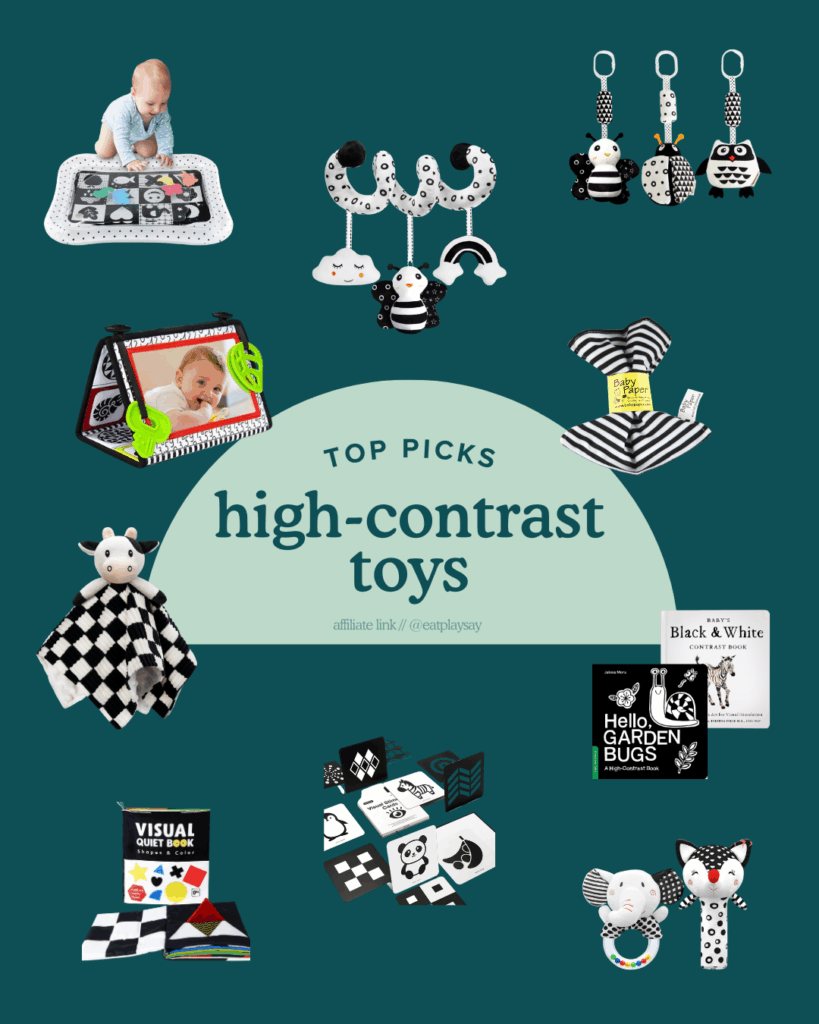 round-up graphic with the top 10 high-contrast toys for baby including toys like rattles, books, and play mats