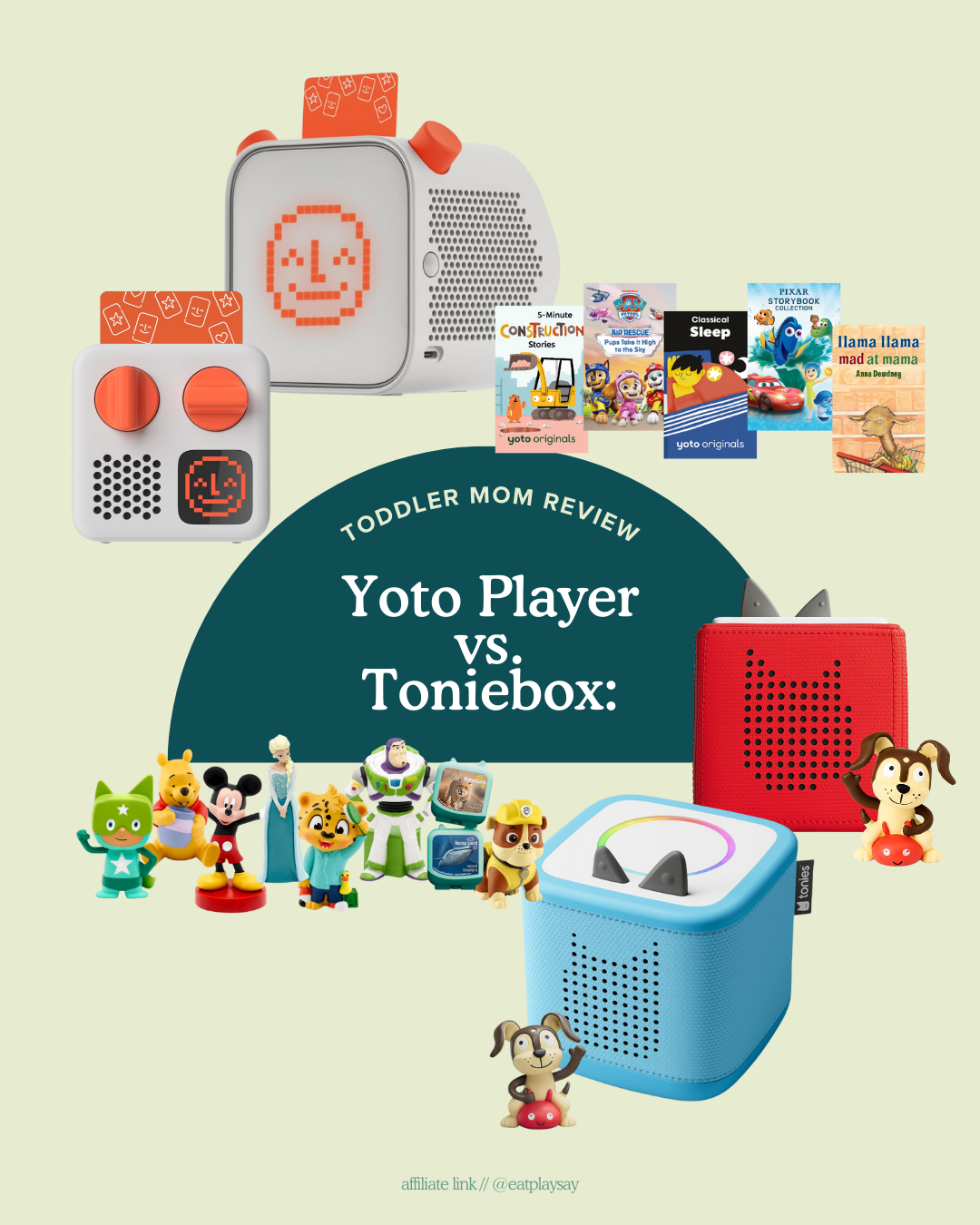 graphic for a post comparing the yoto player vs toniebox - featuring images of the yoto and tonie, yoto player cards, and tonies