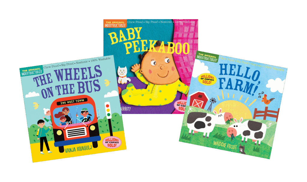 group of three Indestructibles books for baby including: The Wheels on the Bus, Baby Peekaboo, and Hello Farm