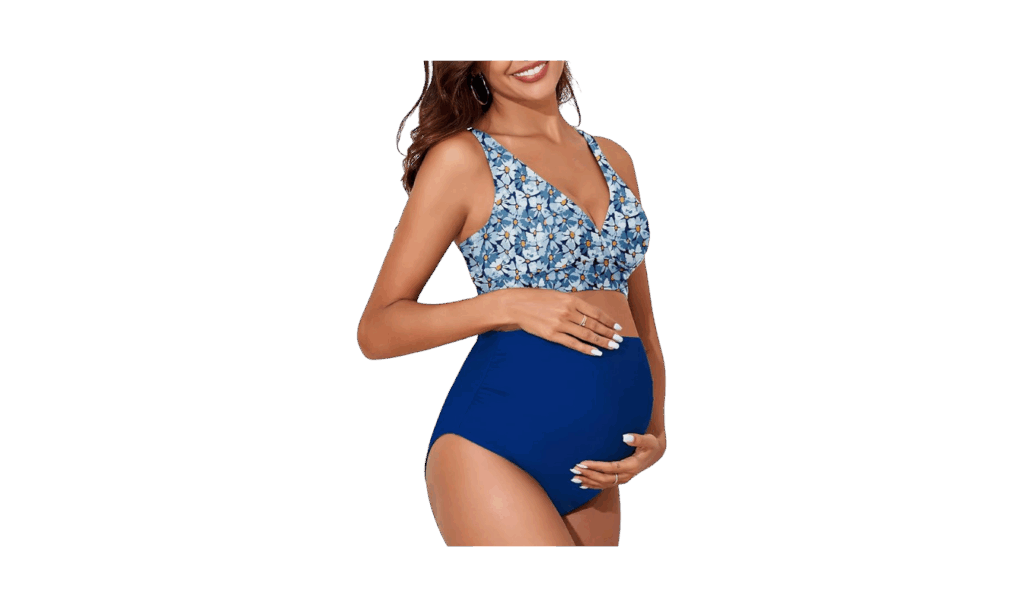 American Trends High-Waisted Maternity Bikini in blue floral print