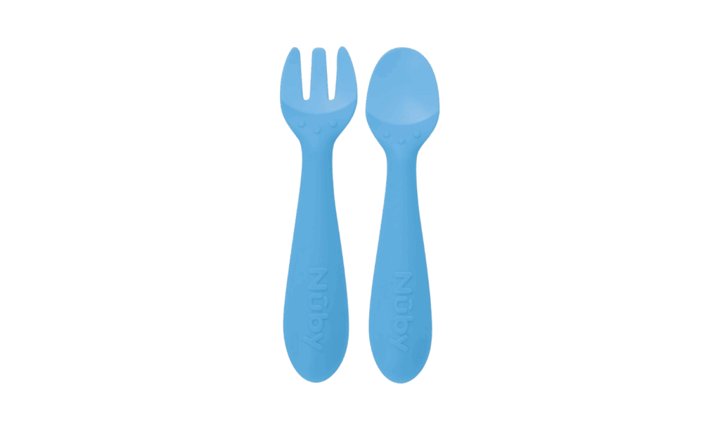 nuby silicone baby utensils in blue