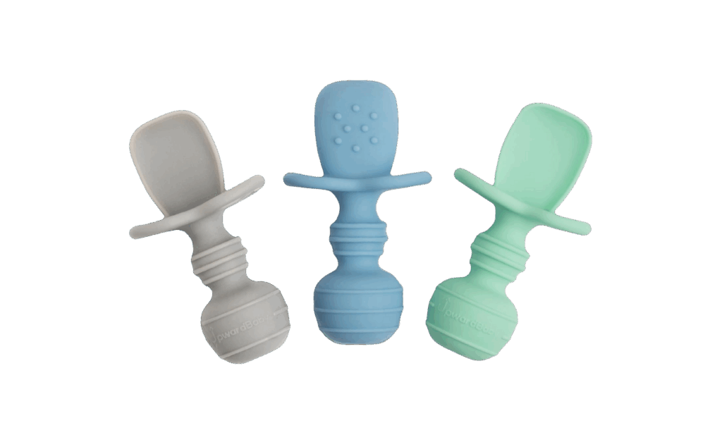 UpwardBaby spoons for self-feeding in gray, blue and green