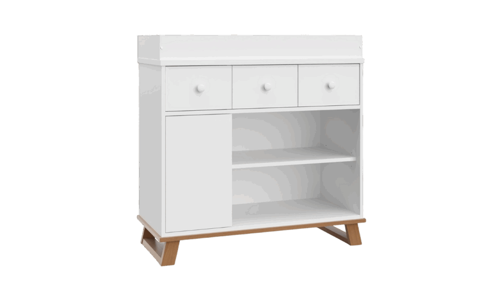 Storkcraft Nursery Changing Table Dresser Combo in white and natural wood tones