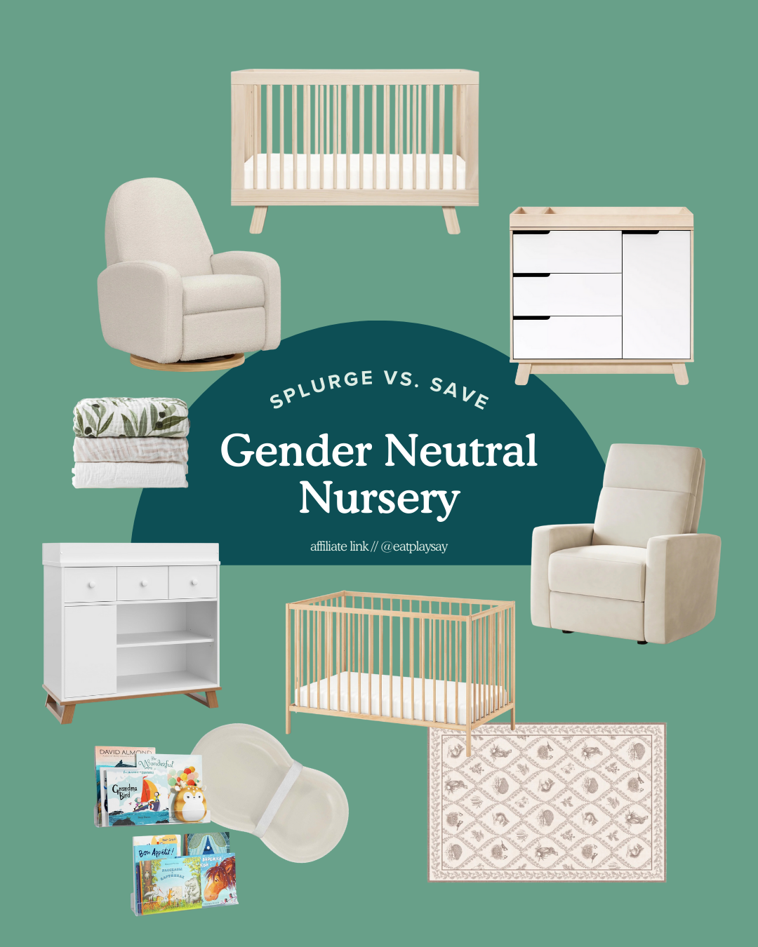 round-up graphic with gender neutral nursery essentials