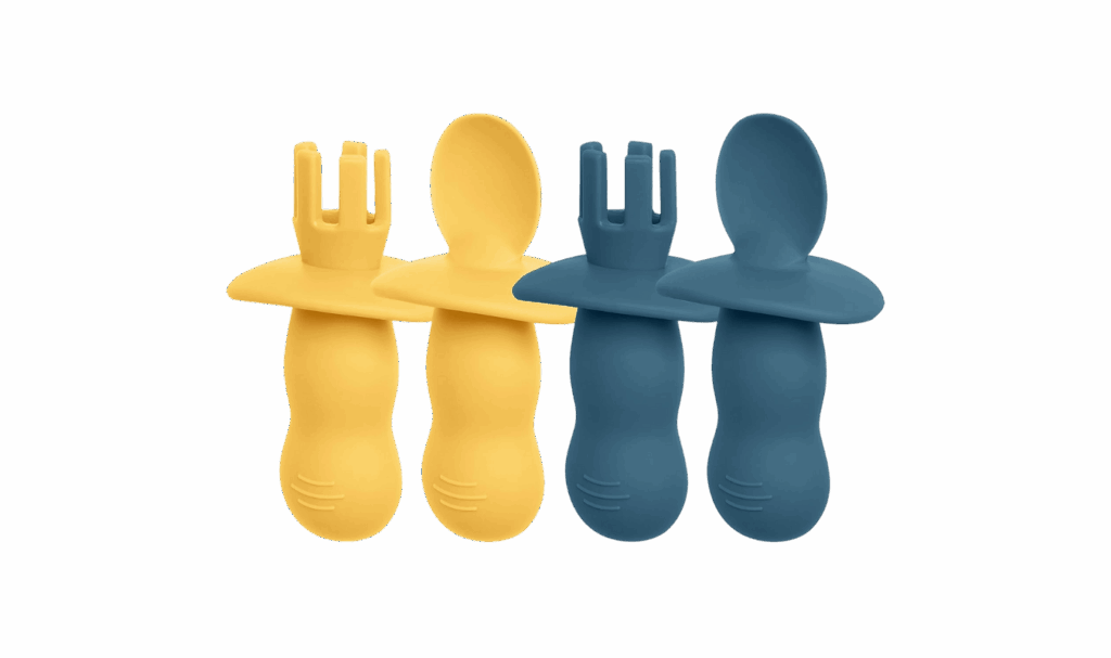 KeaBabies silicone baby spoons and forks set in yellow and blue