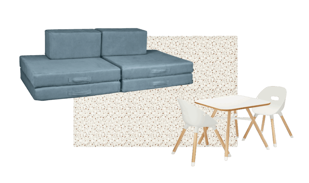 playroom furniture favorites including Lalo's table and chairs, a play mat, and Figgy play couch