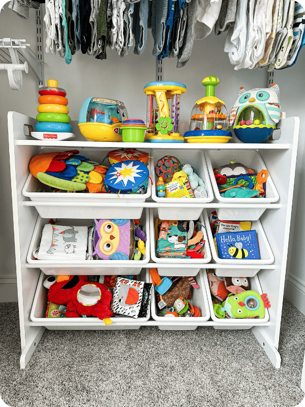 Humble Crew toy organizer filled with baby toys in each bin