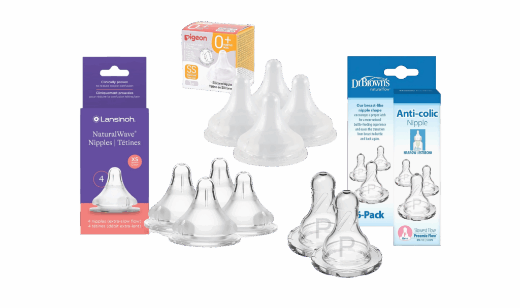 slow flow baby bottle nipples including Lansinoh, Pigeon and Dr. Brown's 