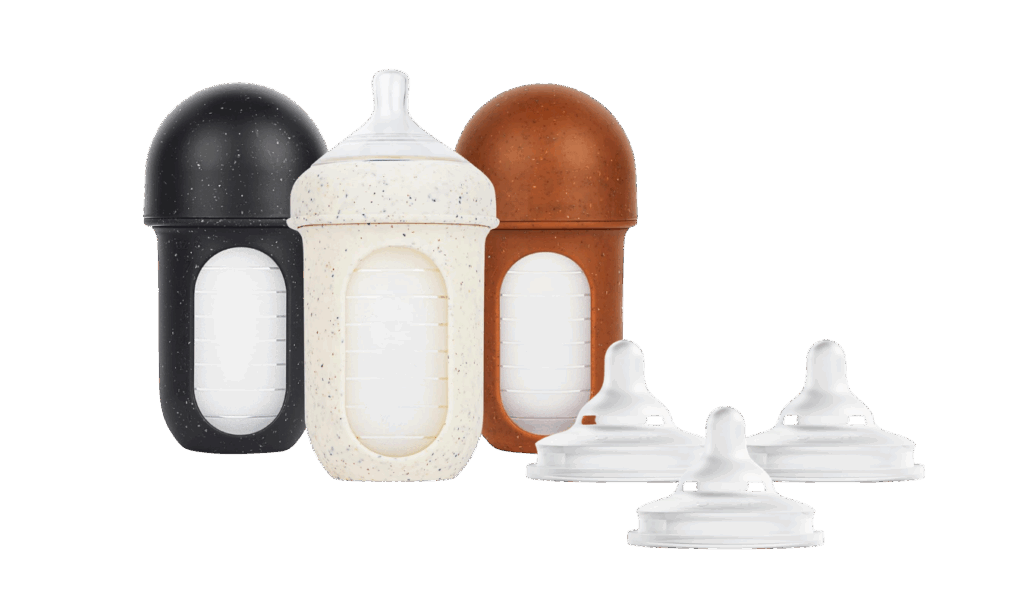 Boon Nursh bottles in black, white, and brown and curve nipples