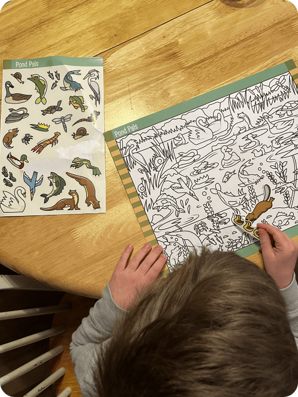 child working on seek and find sticker activity book