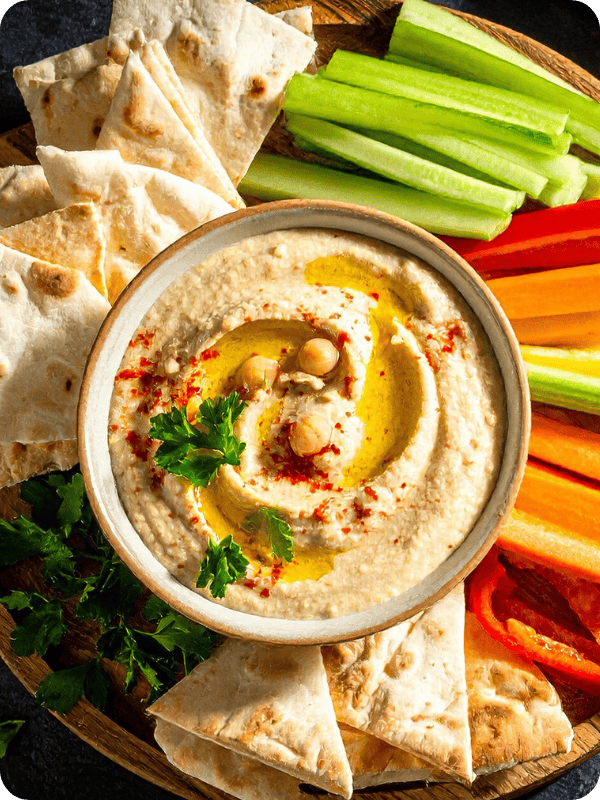 Hummus, veggies, and naan