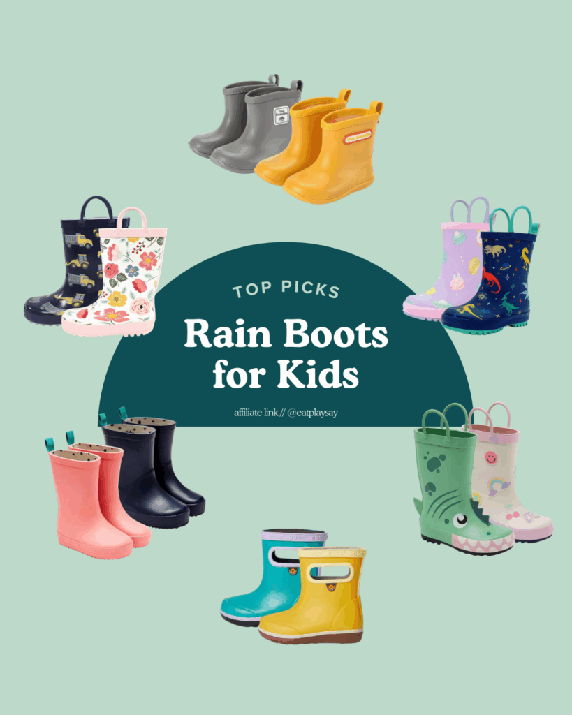 round up graphic of the best rain boots for kids featuring brands like Ten Little and Bogs