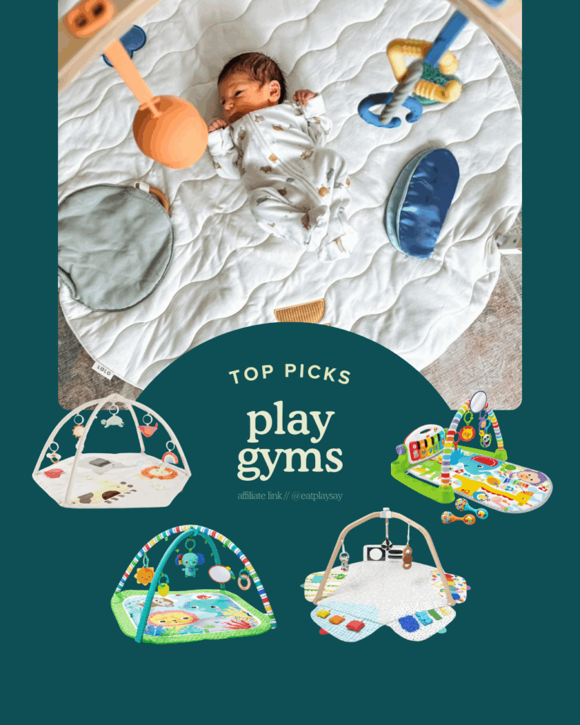 graphic with 5 popular baby play gyms including Lalo, Lovevery, SkipHop, Fisher Price and Bright Starts