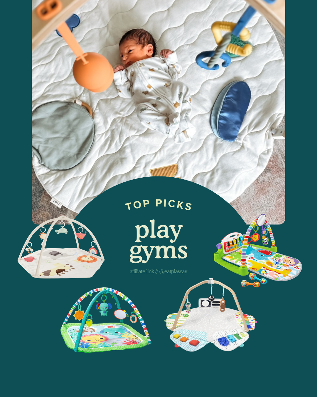 graphic with 5 popular baby play gyms including Lalo, Lovevery, SkipHop, Fisher Price and Bright Starts
