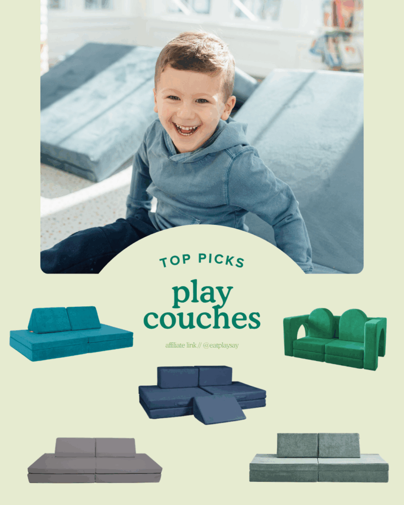 round up graphic featuring a toddler playing on the figgy play couch with other popular play couch options