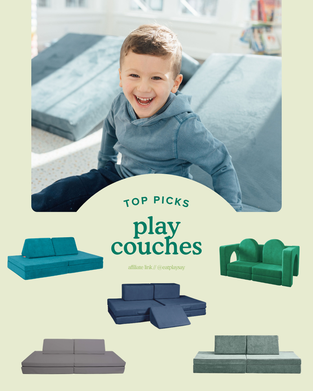 round up graphic featuring a toddler playing on the figgy play couch with other popular play couch options