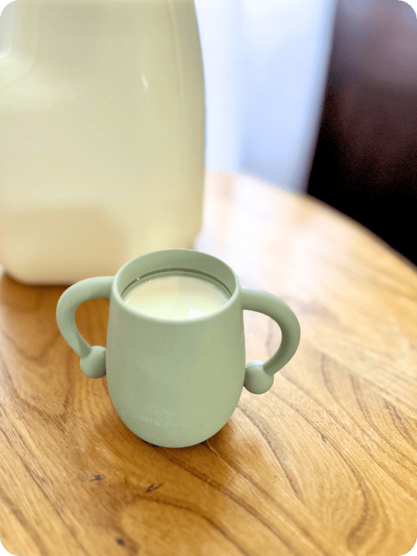 An open toddler cup filled with whole milk. The gallon of milk is behind the cup on a table.