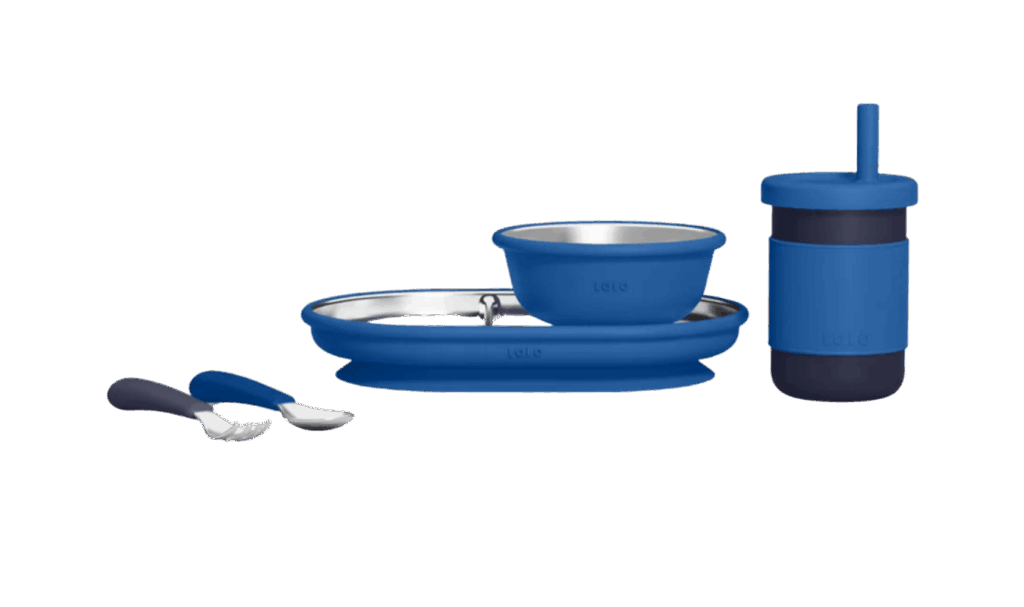 Lalo stainless steel mealtime set including stainless steel plate, bowl, toddler cup, and utensils 