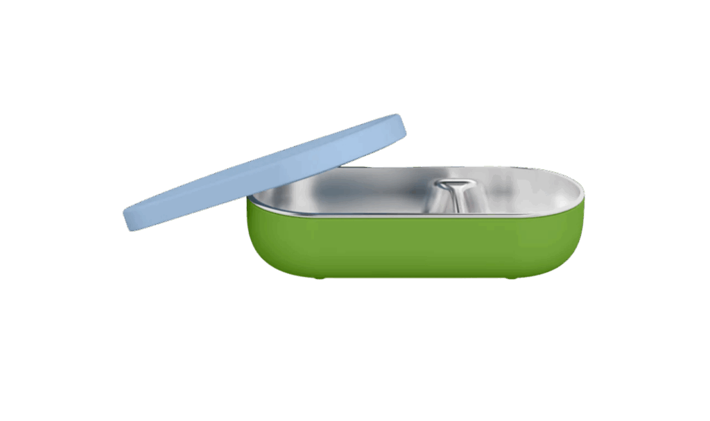 stainless steel snack box in green and blue