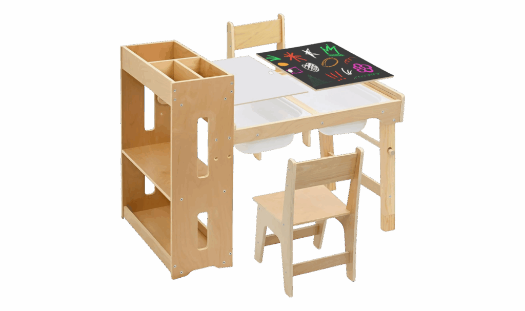 sensory table and chairs with added storage shelf