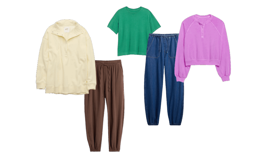 postpartum clothing including high waisted pants and comfortable tops