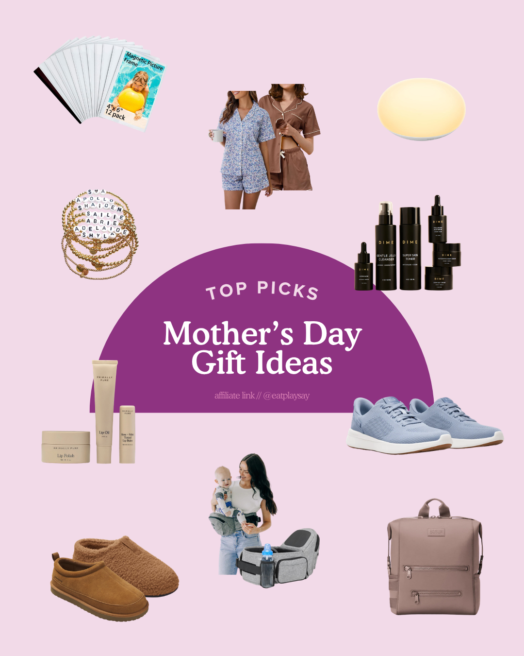 graphic round up of the top 10 mother's day gift ideas featuring skincare, pajamas, and more